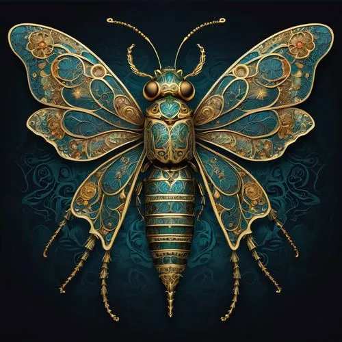 A digitally created artwork featuring a highly stylized and ornate insect-like figure. The design is intricate, with a symmetrical arrangement of decorative elements, including elaborate patterns, cur