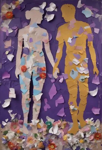 torn paper,dried petals,fragmented,mosaicism,cutouts,paper dolls,complexions,scrapings,bodies,crumpled paper,decoupage,potpourri,crumpled,overlaid,overpainting,flowerheads,recycled paper,fragmenting,fabric painting,adolescentes