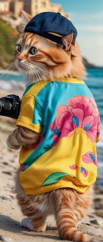 deafening Cute fat bodybuilder kitten in full growth. With big eyes, wearing a T-shirt, men's baggy pants, sneakers, long hair, a cap, a bag, a camera, a bohemian summer dress made of flowing fabrics 