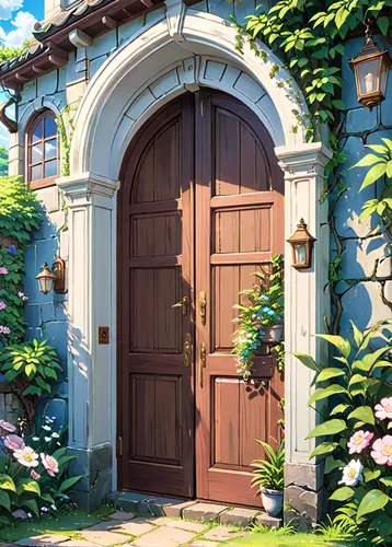 garden door,violet evergarden,wooden door,door,home door,front door,doors,doorway,open door,gate,the threshold of the house,old door,dandelion hall,iron door,metallic door,the door,blue door,house entrance,wood gate,flower shop,Anime,Anime,Traditional