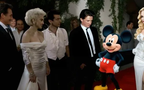 Madonna meets Mickey Mouse with other guests. Madonna Wears a white dress with a sexy and tight skirt that reaches her knees. Madonna is with other guests at Mickey's house and there is also Sean Penn