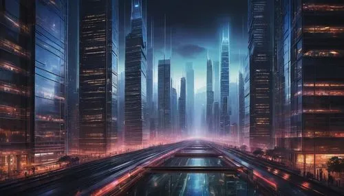 Futuristic, multilayer architecture, skyscraper, urban landscape, cityscape, metropolitan area, steel beams, glass facade, sleek lines, neon lights, night scene, misty atmosphere, foggy weather, dista