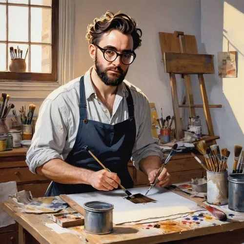 Coby Whitmore, illustrator, male, 30s, bespectacled, messy brown hair, casual wear, paint-stained apron, holding a brush, standing, studio, wooden desk, paint tubes, paper sheets, creative clutter, wa