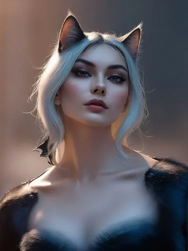 a female cat woman with a very long hair,a digital art painting of a woman with cat ears,miqati,morgana,catwoman,kittani,feline look,kat,Photography,Documentary Photography,Documentary Photography 11