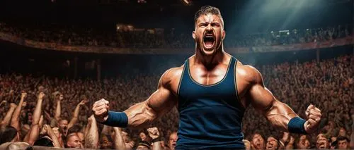 Muscular man, WWE wrestler, intense gaze, short hair, sweat, tattoos, muscular chest, six-pack abs, wrestling singlet, boots, confident stance, raised arms, dramatic lighting, dynamic composition, are