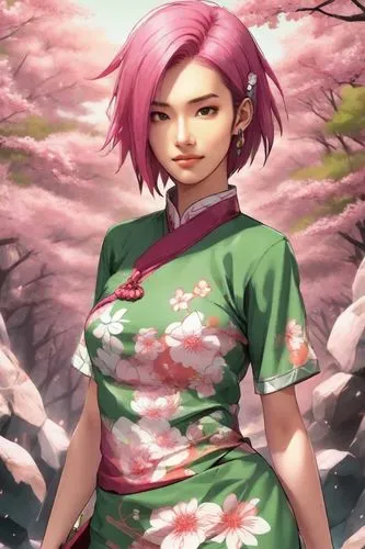  Heavy makeup, messy dyed hair, angular cheekbones, small eyes, thin lips, low nose, upper body,a woman with pink hair standing in front of a tree,japanese sakura background,sakura blossom,komachi,sak