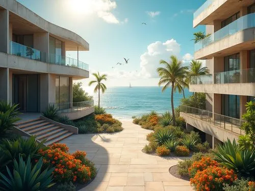 oceanfront,beachfront,shorefront,oceanview,seaside view,ocean view,waterview,3d rendering,walkway,tropical house,waikiki,render,seaside resort,balconies,landscaped,beachside,mayakoba,waterfront,sobe,penthouses,Photography,General,Realistic