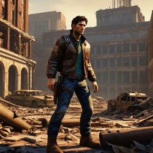 Post-apocalyptic scene, ruins of Washington D.C., abandoned Capitol Building in the background, Vault-Tec vault door, broken robots, destroyed tanks, Pip-Boy device, worn leather jacket, torn jeans, m