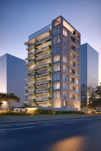 a modern building in front of two tall buildings,residencial,umhlanga,condominia,ikoyi,lekki,appartment building,Photography,General,Realistic