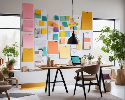 Modern interior designer, female, 25yo, stylish hair, minimal makeup, elegant clothes, holding a tablet, standing in front of a large mood board, colorful sticky notes, inspirational images, fabric sw