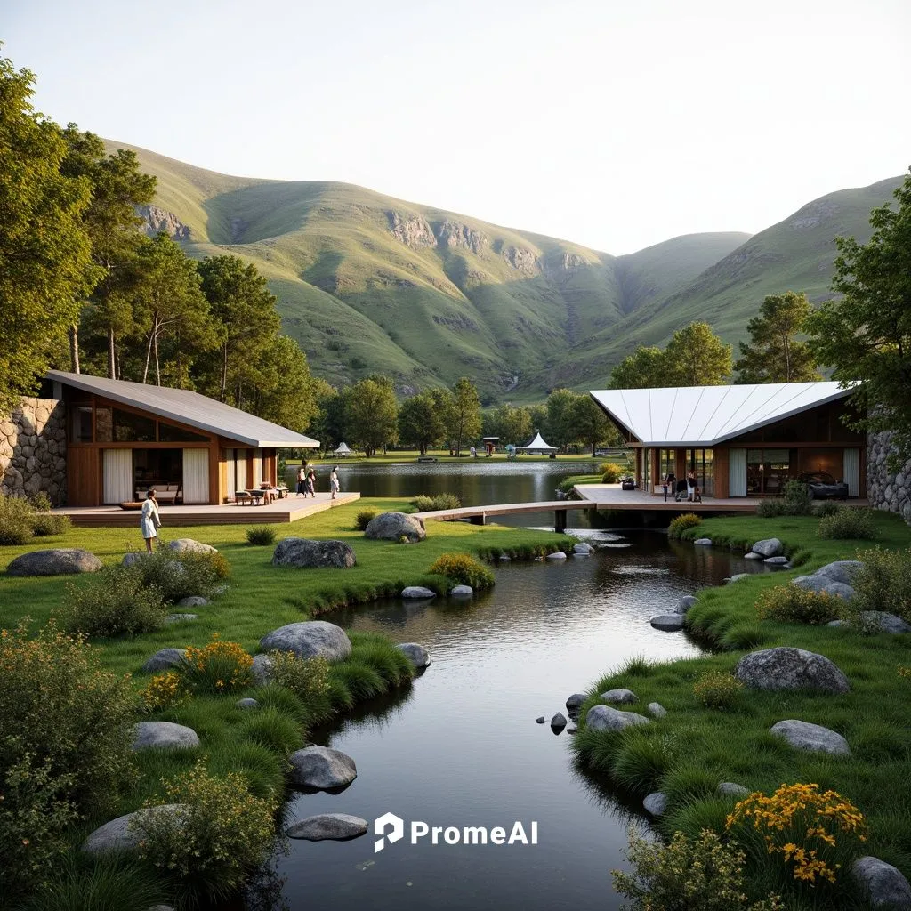 Curved hills, serene lakeside, lush greenery, vibrant wildflowers, meandering streams, rustic wooden bridges, sleek modern architecture, streamlined shapes, minimalist design, metallic accents, reflec