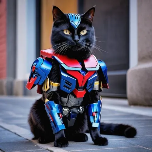 一隻穿著變形金剛服裝的黑貓,supercat,cat warrior,catman,thunderpuss,lothor,supersoldier,chitauri,barda,ultron,bubastis,optimus,purgatoire,kittani,superhero,gato,mazinger,jarvis,mewshaw,kitterman,minurcat,Photograph