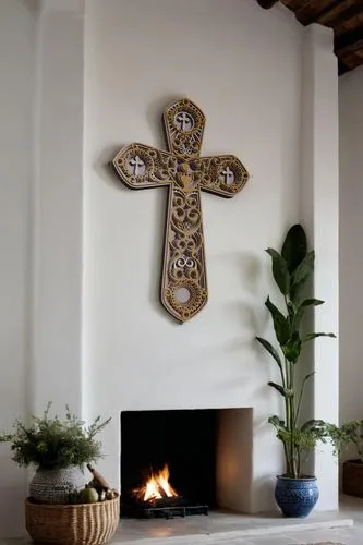 closeup, ((Interior, plaster white wall)), minimalism, closeup,a cross is hanging on a wall next to a fireplace,chimneypiece,crucifix,interior decor,fireplace,wall decor,mantelpiece,wooden cross,easte