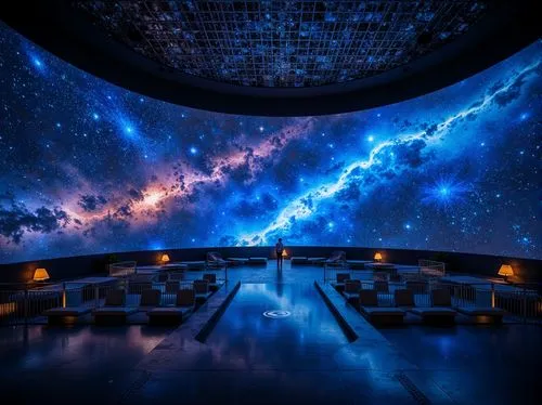 Cosmic planetarium interior, starry night sky projection, dark blue ambiance, futuristic seating arrangement, sleek metal railings, glowing LED lights, fiber optic ceiling installation, 3D astronomica