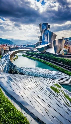 Bilbao, Guggenheim Museum, futuristic, curvy lines, titanium panels, flowing river, Nervión River, greenery, urban landscape, cloudy sky, afternoon sun, warm light, detailed texture, metallic sheen, m