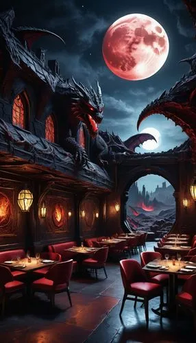 red lantern,halloween background,fine dining restaurant,fantasy picture,japanese restaurant,imagawa,diner,trattoria,night view of red rose,a restaurant,dragon palace hotel,cartoon video game background,moondragon,cantina,fantasy landscape,teahouse,moonlit night,ristorante,netherworld,dragonheart,Illustration,Realistic Fantasy,Realistic Fantasy 33