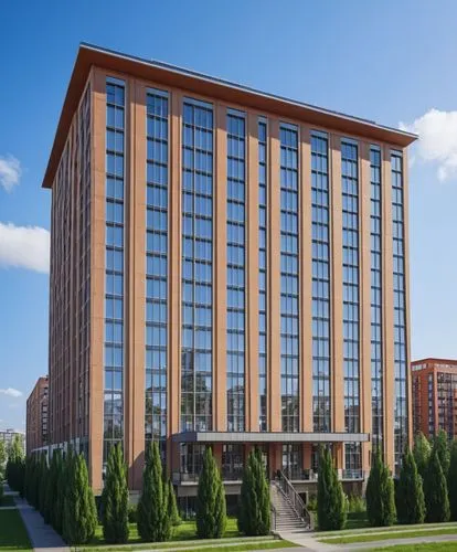 a tall brown building with many windows surrounded by trees,potawatomi,mgimo,kempinski,westinghouse,minsk,shaoyang,novotel,westin,hoboken condos for sale,jiongming,doubletree,marriot,zelenograd,marrio