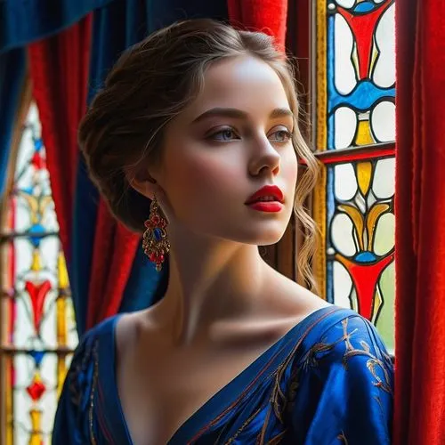 elegant,earrings,romantic portrait,accolade,cinderella,elegance,royal blue,jeweled,enchanting,embellished,blue dress,regal,earring,filigree,princess' earring,exquisite,ornate,splendor,cobalt blue,bridal jewelry,Art,Classical Oil Painting,Classical Oil Painting 17