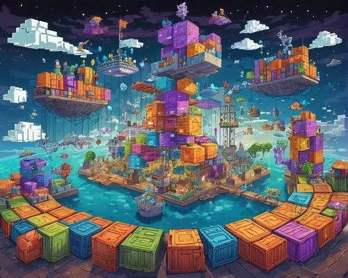 fantasy city,rainbow world map,cube sea,imaginationland,cube background,microworlds,3d fantasy,superblocks,fantasy world,kaleidoscape,tetris,cubic,micropolis,magic cube,skylands,cubes,smallworld,datacraft,mushroom island,blockship,Unique,Pixel,Pixel 03