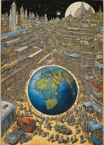 copernican world system,yard globe,the globe,globe,terrestrial globe,financial world,the world,globes,metropolis,other world,city cities,utopian,twenties of the twentieth century,spatialship,spherical image,planisphere,40 years of the 20th century,planet eart,panopticon,urbanization,Illustration,Retro,Retro 06