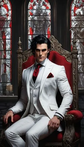 Alastor, Mad King, sinister smile, pale skin, sharp jawline, crimson eyes, messy black hair, white suit, black shirt, red tie, silver cufflinks, bold posture, leaning on throne, dark castle, grand hal