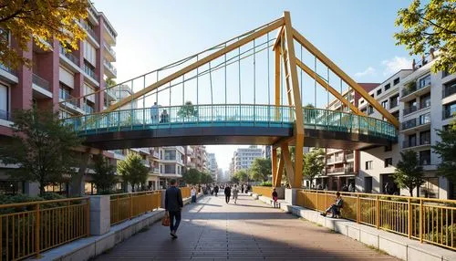 Vibrant pedestrian bridge, bold yellow accents, deep blue railings, warm wood decking, natural stone piers, modern cable-stayed design, sleek metal beams, dynamic lighting systems, colorful LED instal