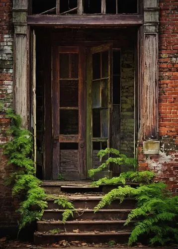 Abandoned, distressed, old architectural salvage, South Carolina, worn wooden planks, rusty metal beams, vintage brick walls, crumbling concrete columns, overgrown with vines, moss-covered, weathered,