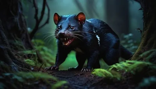 Tasmanian devil, nocturnal, glowing bioluminescent spots, bright green eyes, sharp teeth, black fur with white stripes, standing, cave entrance, dark forest, misty atmosphere, glowing mushrooms, vines