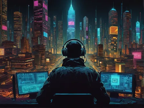 cyberpunk,cyber,cyberspace,man with a computer,computer,digital nomads,dystopian,electronic,electronic market,computer room,control center,computer game,mute,futuristic,computer addiction,night administrator,computer games,scifi,dystopia,computer art,Art,Artistic Painting,Artistic Painting 32