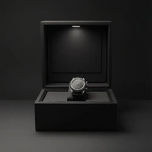 crie uma caixa preta vista de frente para exposição de um relógio. ,black watch with illuminated display box,movado,men's watch,panerai,junghans,jaquet,bulgari