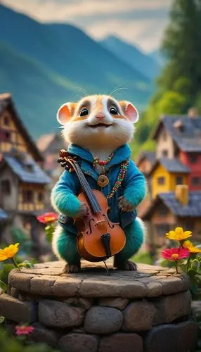 A heartwarming cinematic photo capturing the idyllic life of a cute little creature in a serene village. The creature, adorned with colorful accessories, is seen engaging in various activities such as