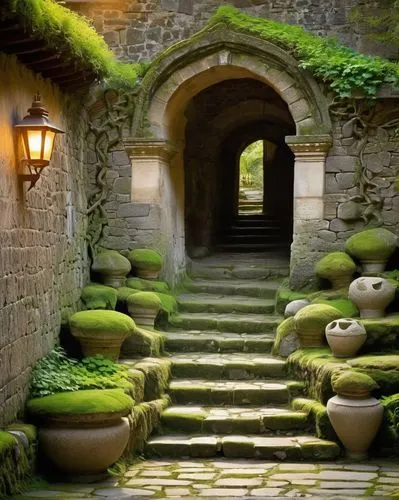 stone stairs,winding steps,stone stairway,passageways,doorways,kykuit,hobbiton,passage,passageway,labyrinth,courtyards,the threshold of the house,entry path,courtyard,outside staircase,setts,pathway,inside courtyard,patios,fairy village,Illustration,Japanese style,Japanese Style 04