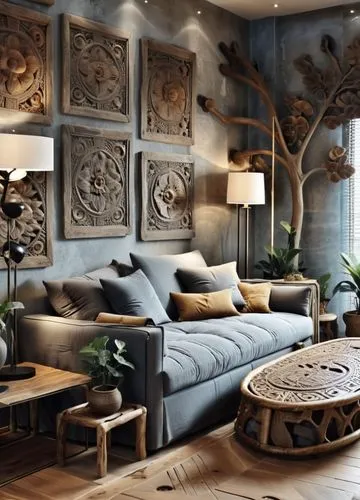 The dimensions and placement of the furniture in the room will remain constant. Large relief sculptures on the wall add a strong ethnic atmosphere to the space. These figures in dark wood or stone app