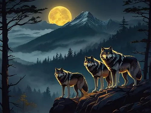 Pack of wolves, anime style, full moon night, dark forest, misty atmosphere, howling sound effects, sharp canine teeth, glowing yellow eyes, thick fur, wolf pack leader, dominant posture, standing on 