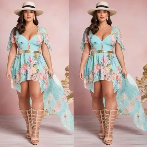 a brunette woman, summer floral dress with pastel colors, viscose,the same po, both shows a woman in long dress and hat,vintage floral,southern belle,country dress,doll dress,betsey,jasmine blue,Photo