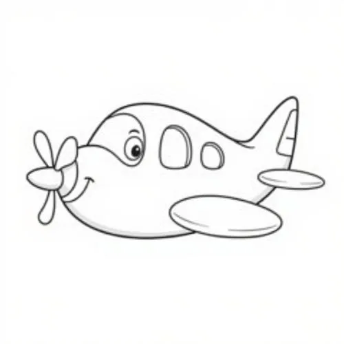 A playful and cartoonish airplane with large, rounded wings and a smiling face on the cockpit. The body of the airplane is simple but inviting, with large windows and a fun, friendly expression. The p