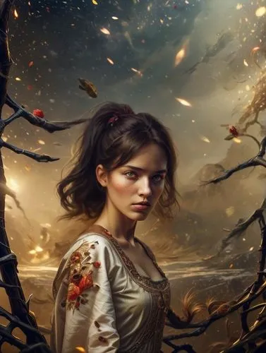 mystical portrait of a girl,fantasy portrait,the enchantress,katniss,rosa ' amber cover,artemisia,fantasy picture,fae,cinderella,sci fiction illustration,fantasy art,lara,girl in the garden,fantasy woman,heroic fantasy,joan of arc,the wanderer,girl in a wreath,digital compositing,mary-gold