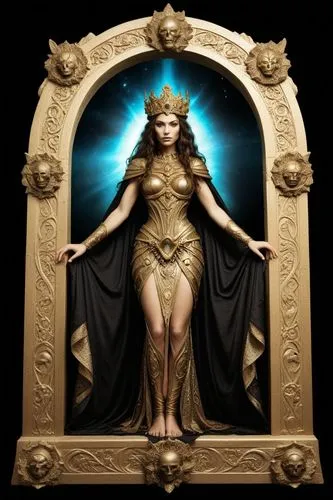 entombed Empress of light and dark goddess clade mother,woman dressed as a fairy tale posing in front of a wall display,frigga,art nouveau frame,lady justice,aureum,goddess of justice,art deco frame