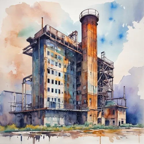 industrial landscape,industrial ruin,industrial plant,old factory,chemical plant,factory chimney,industry,abandoned factory,concrete plant,industrial,watercolor,industries,refinery,old factory building,steel mill,industrial building,gunkanjima,heavy water factory,empty factory,factories,Illustration,Paper based,Paper Based 25