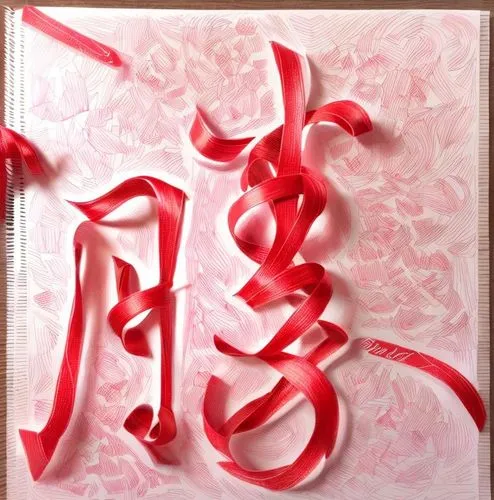 The font is made of red ribbons and has a white background. No extra decorative patterns are needed. Only the light and shadow relationship is needed to highlight the structure.,calligraphy,calligraph