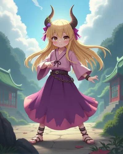 Suika Ibuki, wearing a tattered light pink blouse, a long purple and pink skirt, and three shackles with chains on her right arms and leg, (Suika Ibuki, very long blonde hair tied at the top with a re