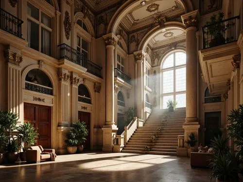 sapienza,entrance hall,hermitage,kunsthistorisches museum,enfilade,atriums,louvre,hallway,neoclassical,venaria,glyptotek,foyer,europe palace,cochere,staircase,cliveden,grandeur,royal interior,versailles,radiosity