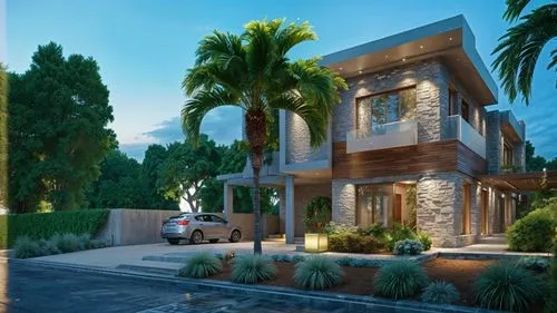 window,a house with lots of palm trees and plants,3d rendering,holiday villa,modern house,residencial,fresnaye,beautiful home