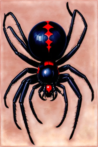 black widow spider, shiny black body, red hourglass shape on abdomen, eight legs, venomous fangs, solitary creature, nocturnal, dark brown eyes, intricate webs, detailed texture, soft focus, close-up 