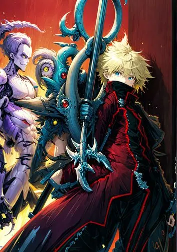 an anime with a man and woman surrounded by demon and demons,karna,halloween banner,kritika,darkstalkers,easter banner,kuja,Anime,Anime,General