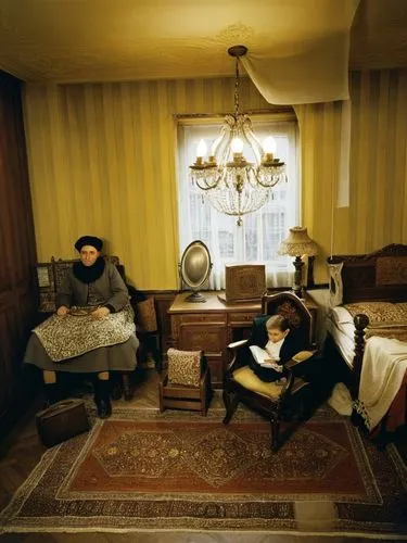 View into the upper-class apartment of a German Jew.,two people sitting in the middle of a large room,emmaus,serebrennikov,blackfield,danish room,hassidim,zhivago,Photography,Documentary Photography,D