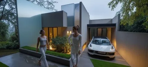 two ladies are walking by the car in front of the house,mirror house,cubic house,exterior mirror,cube house,landscape design sydney,modern house,Photography,General,Realistic