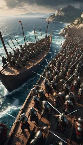 Brave 300 Spartans with swords run into battle, from the deck of a trireme to the shore of Greece,,hellenistic-era warships,naval battle,rome 2,vikings,ironclad warship,theater of war,romans,pentathlo