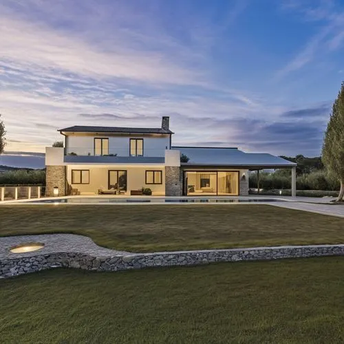 Sunny day, small swimming pool,  small old olive tree,a modern house with a pool and a large yard,bendemeer estates,domaine,country estate,luxury home,mansion,modern house,Photography,General,Realisti