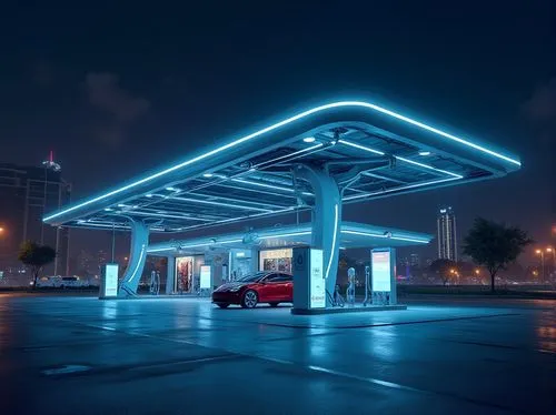 electric gas station,gas station,e-gas station,forecourt,petrol pump,unipetrol,filling station,mubadala,lekki,ev charging station,ampera,chevron,petroplus,autopolis,cota,valero,night shot,petrolium,supercharging,petroliferos,Photography,General,Realistic